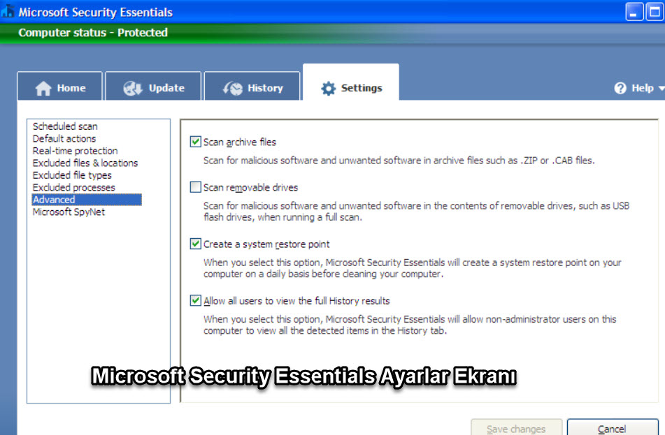 Microsoft Security Essentials Ayarlar Ekranı