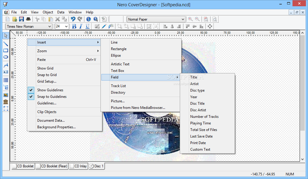Nero CoverDesigner screenshot 2 - From the context menu, you can insert pictures, text boxes, ellipses, rectangles or a track list