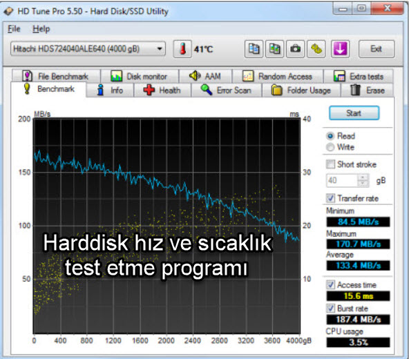 HD Tune Harddisk hız ve sıcaklık test etme programı