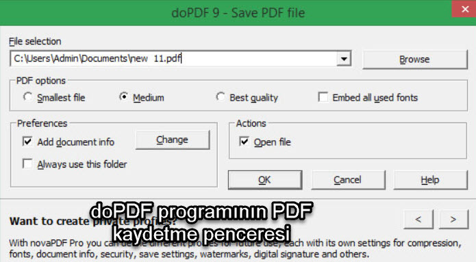 doPDF programının PDF kaydetme penceresi