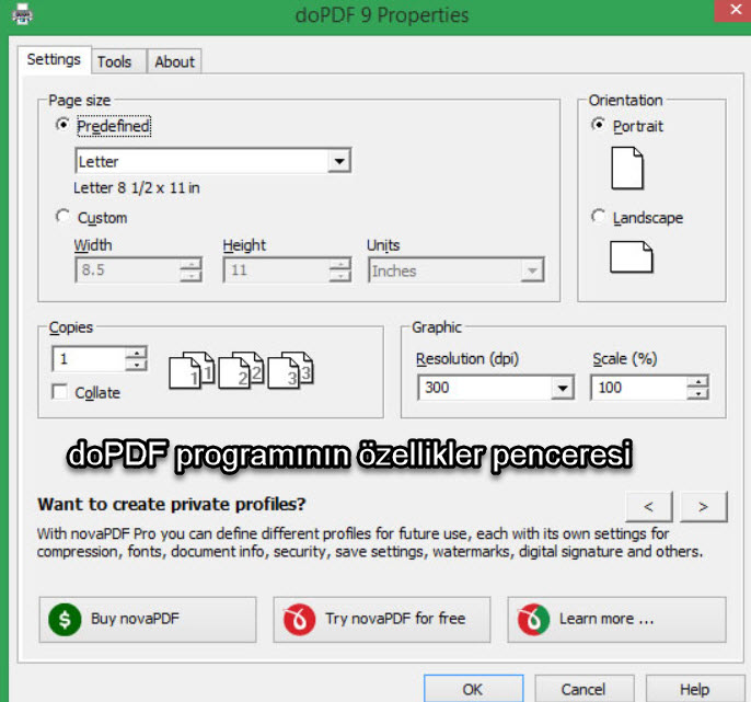 doPDF programının özellikler penceresi