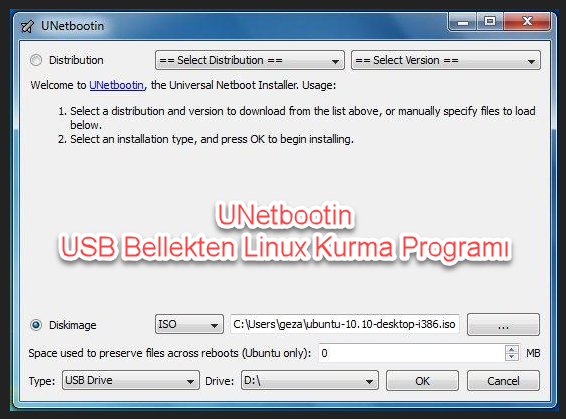 UNetbootin USB Bellekten Linux Kurma Programı
